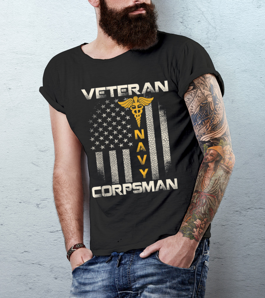 Veteran Navy Corpsman American Flag Caduceus Emblem T-Shirt