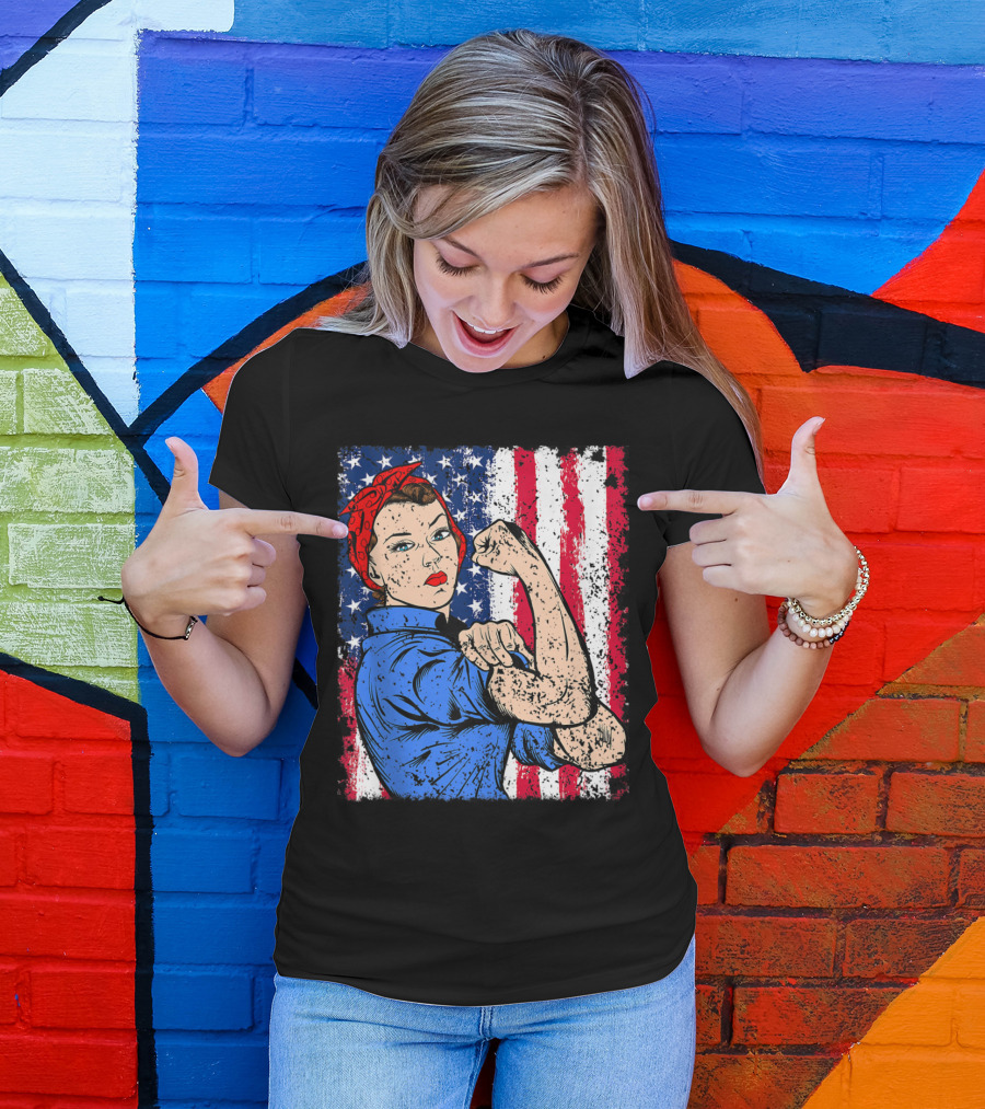 Rosie The Riveter USA Flag Feminist Patriotic 4th Of July T-Shirt
