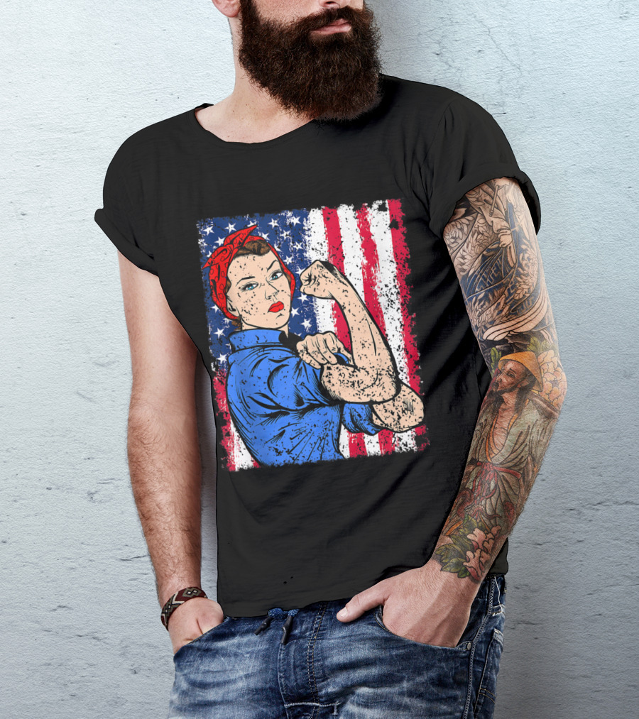 Rosie The Riveter USA Flag Feminist Patriotic 4th Of July T-Shirt