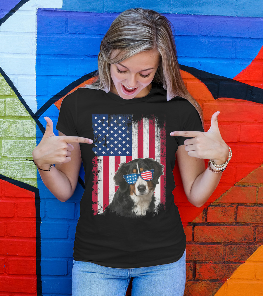 Bernese Mountain Dog USA Flag Sunglasses T-Shirt