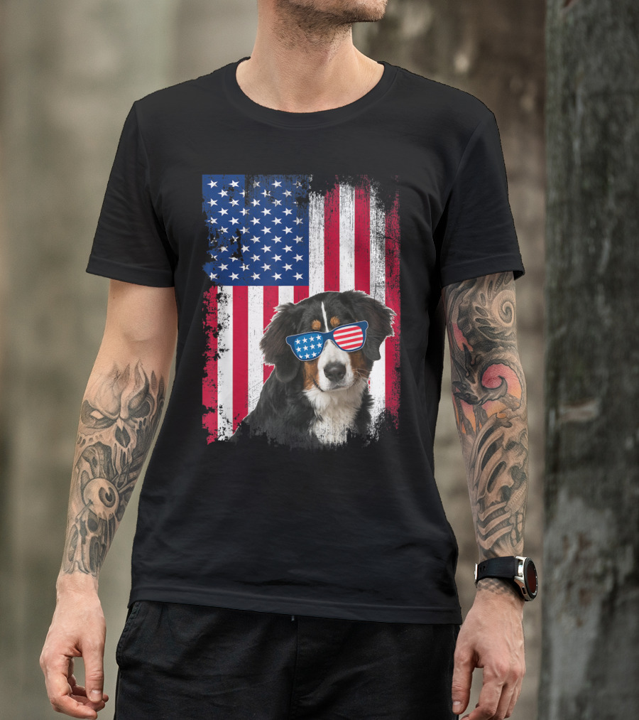 Bernese Mountain Dog USA Flag Sunglasses T-Shirt