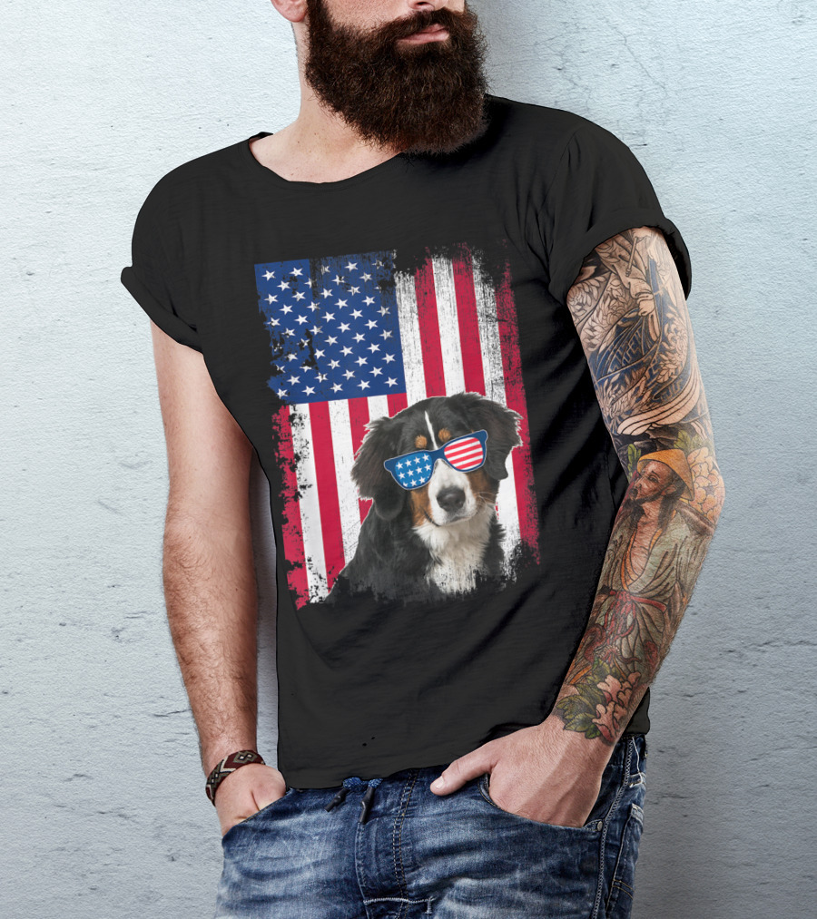 Bernese Mountain Dog USA Flag Sunglasses T-Shirt