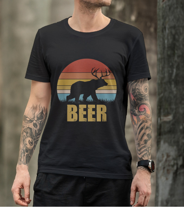 Beer Retro Sunset Silhouette Deer Bear Combination T-Shirt