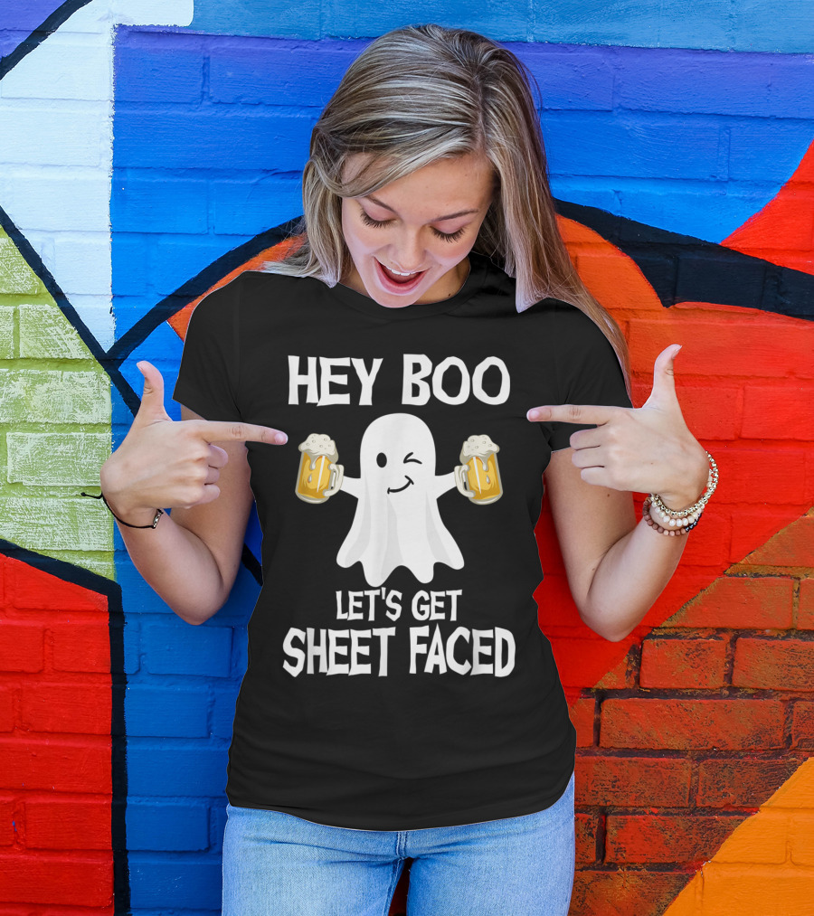Hey Boo Let's Get Sheet Faced Funny Halloween Drinking Ghost With Beer Mugs T-Shirt
