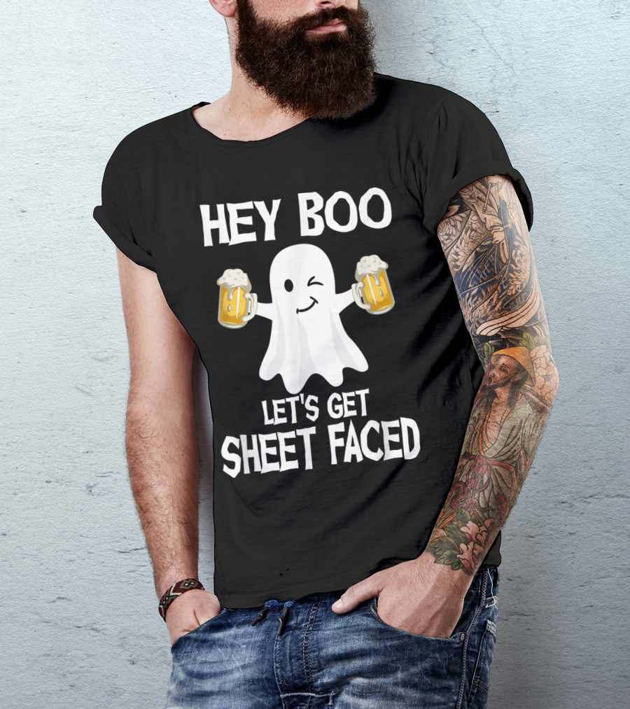 Hey Boo Let's Get Sheet Faced Funny Halloween Drinking Ghost With Beer Mugs T-Shirt