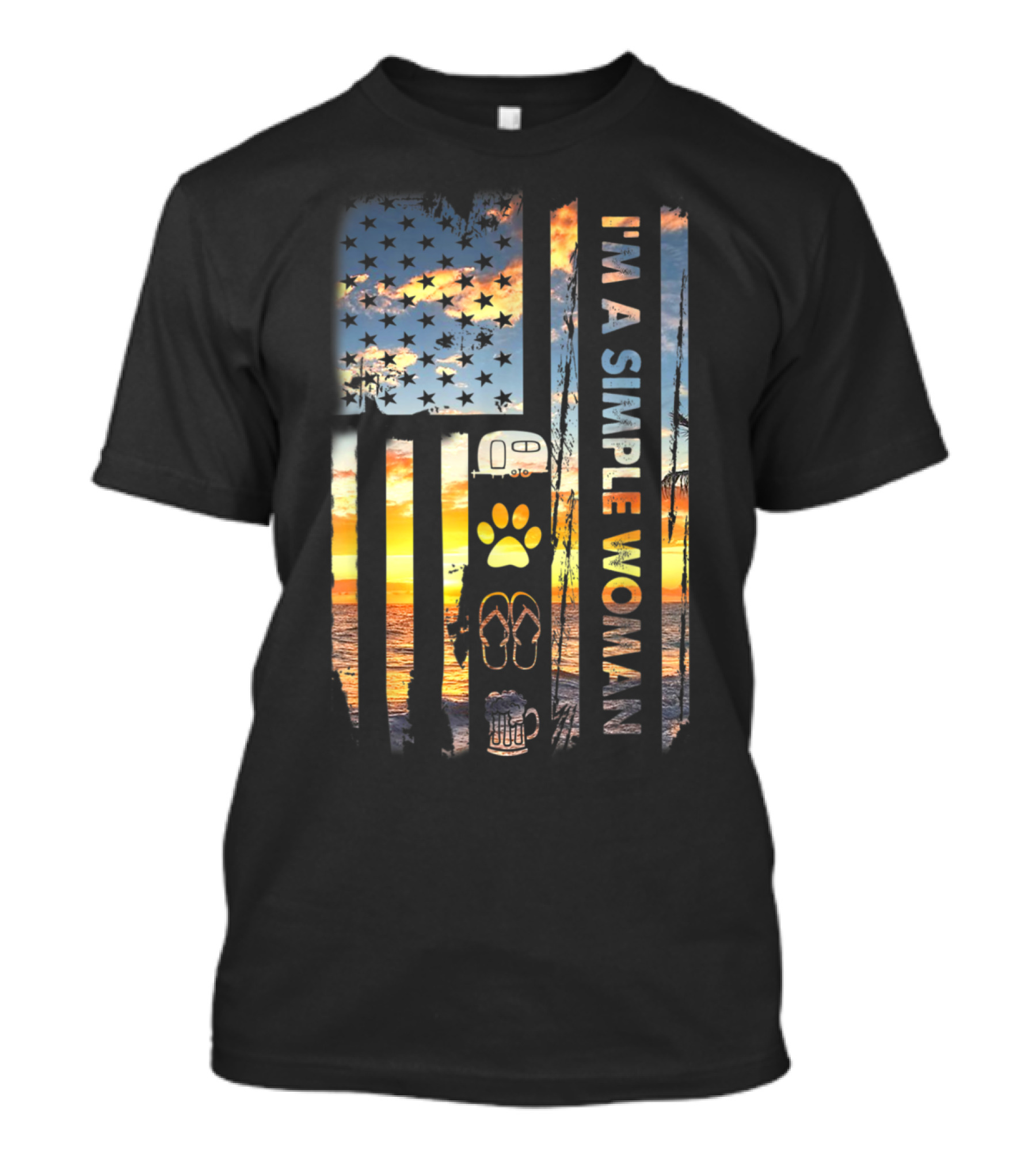 I'm A Simple Woman Love Camping Paw Flip Flop Beer American Flag Sunset T-Shirt