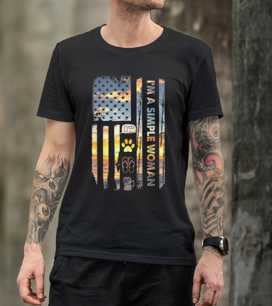 I'm A Simple Woman Love Camping Paw Flip Flop Beer American Flag Sunset T-Shirt