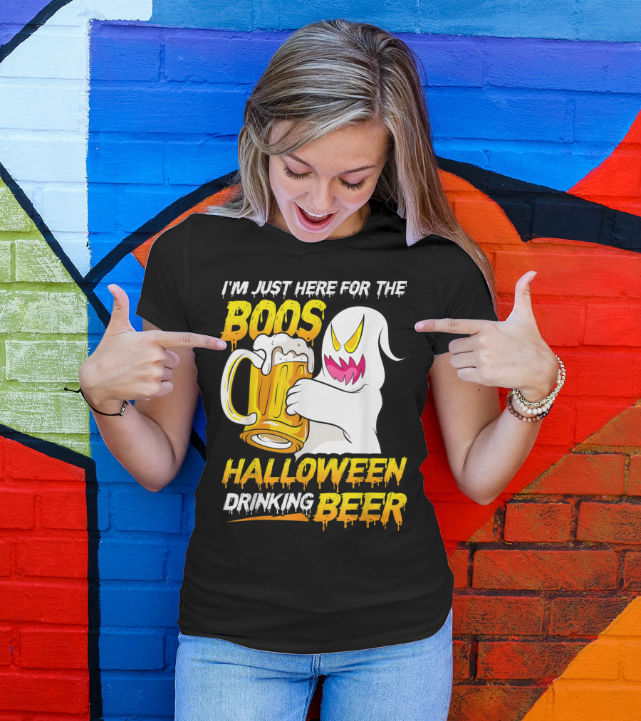 I'm Just Here For The Boos Halloween Drinking Beer Ghost With Mug T-Shirt