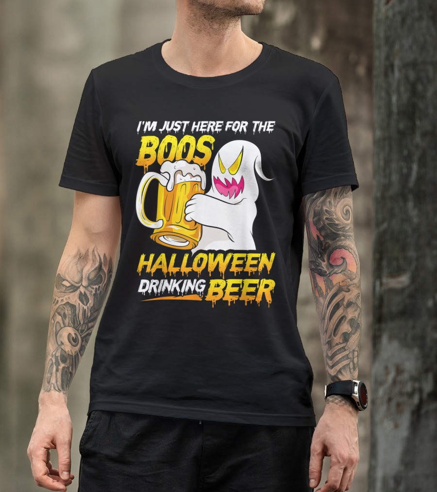 I'm Just Here For The Boos Halloween Drinking Beer Ghost With Mug T-Shirt