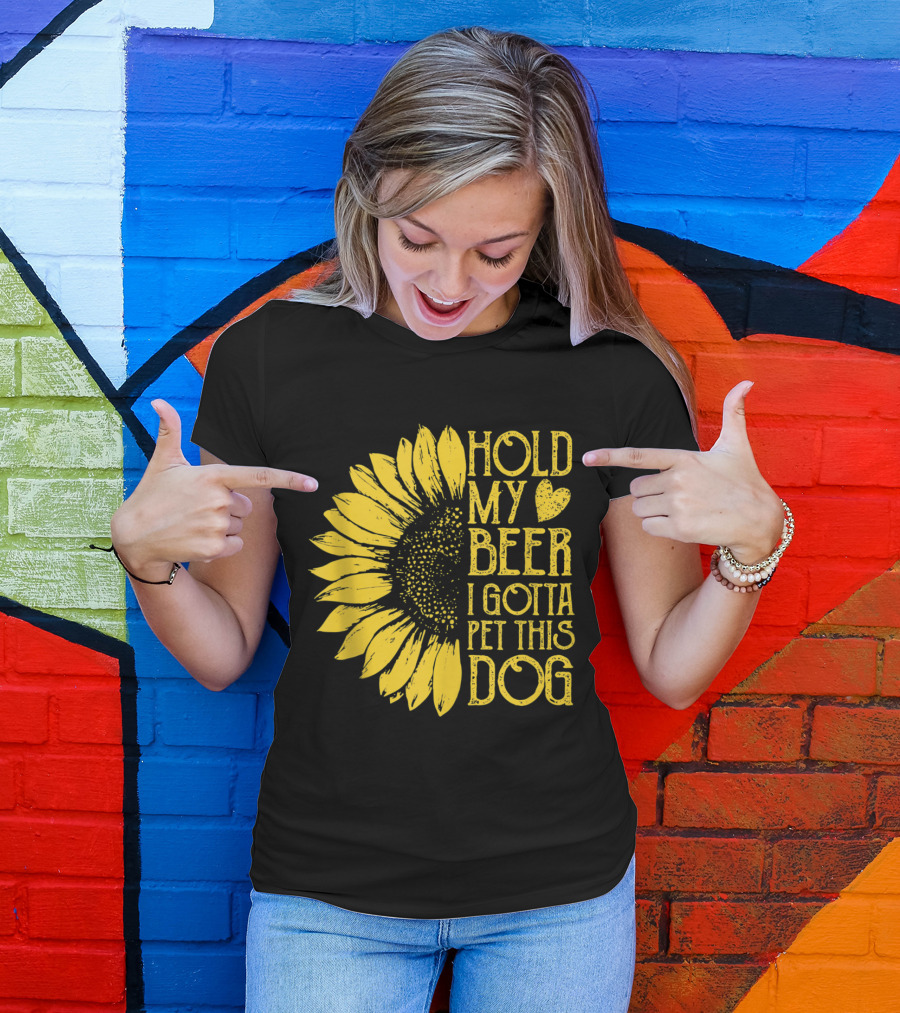 Sunflower Hold My Beer I Gotta Pet This Dog Vintage T-Shirt