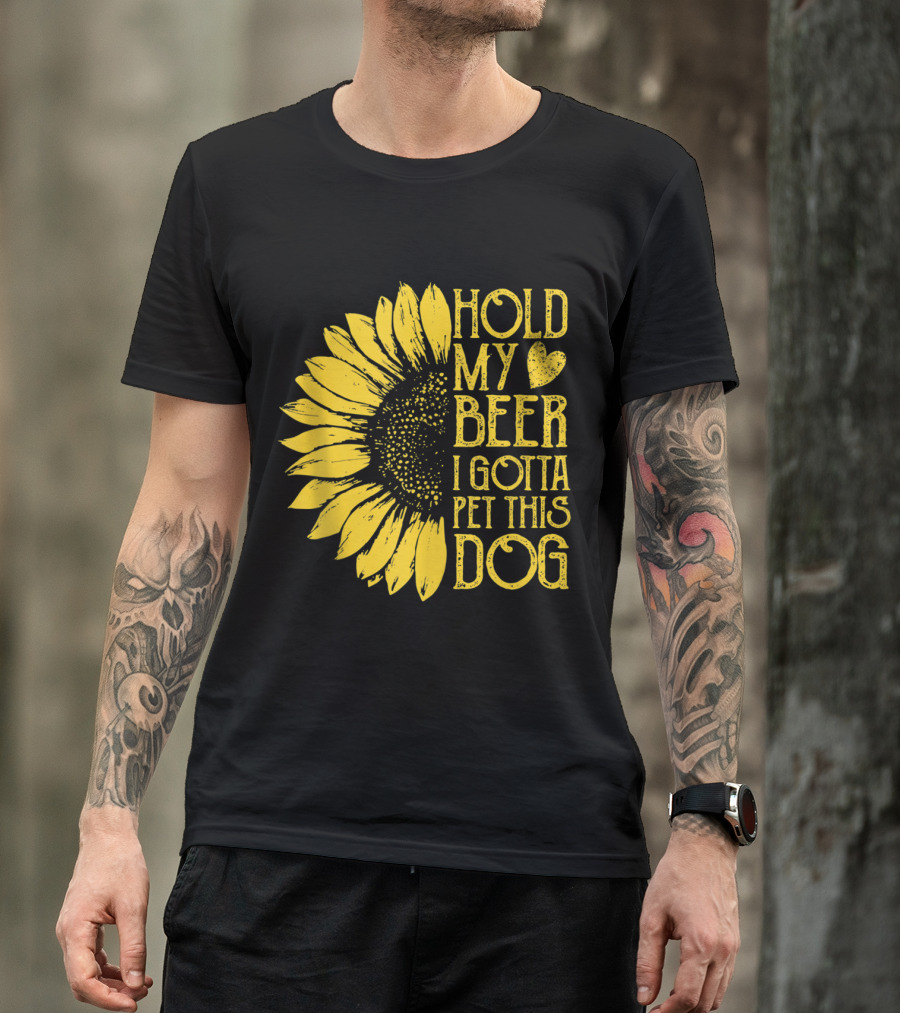 Sunflower Hold My Beer I Gotta Pet This Dog Vintage T-Shirt