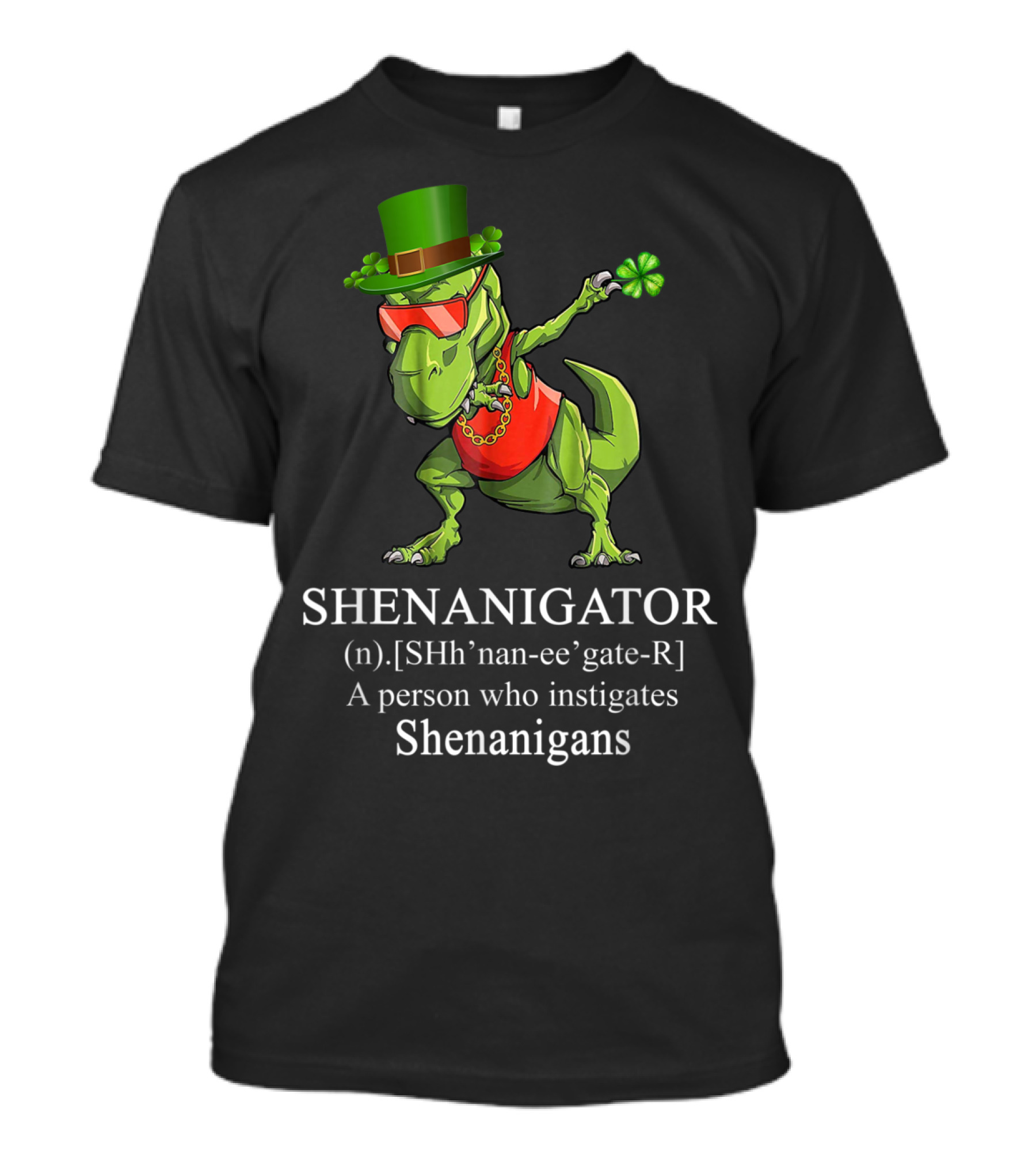 Shenanigator Dabbing Dinosaur Rex With Shamrock And Leprechaun Hat T-Shirt