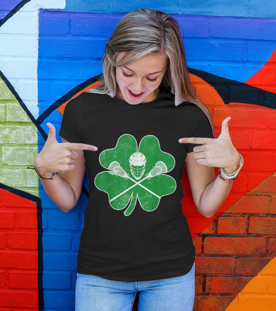 Lacrosse Shamrock Clover Vintage Irish Helmet Sticks T-Shirt