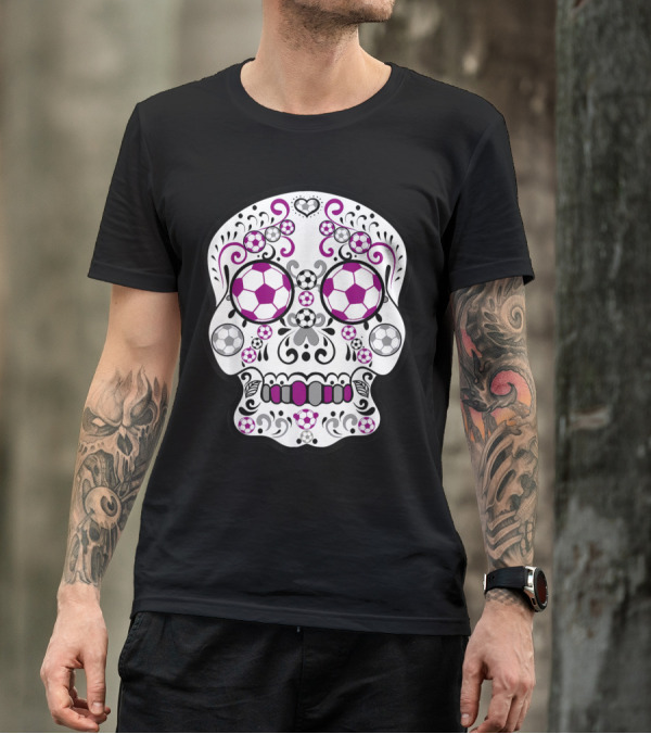 Maroon And Grey Soccer Day Of The Dead Sugar Skull T-Shirt
