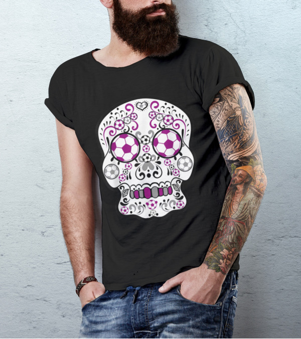 Maroon And Grey Soccer Day Of The Dead Sugar Skull T-Shirt