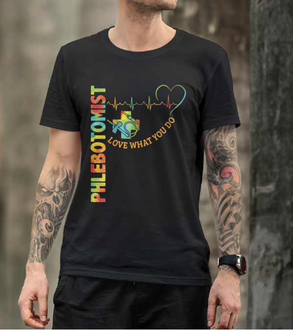 Phlebotomist Love What You Do Heartbeat Rainbow Cross Stethoscope T-Shirt