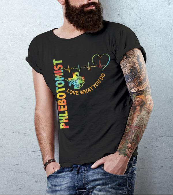 Phlebotomist Love What You Do Heartbeat Rainbow Cross Stethoscope T-Shirt