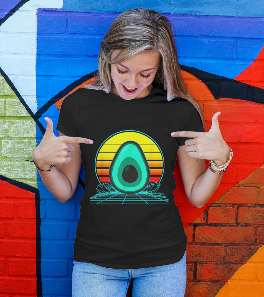 Retro Avocado Vaporwave Sunset With Grid And Mountains T-Shirt