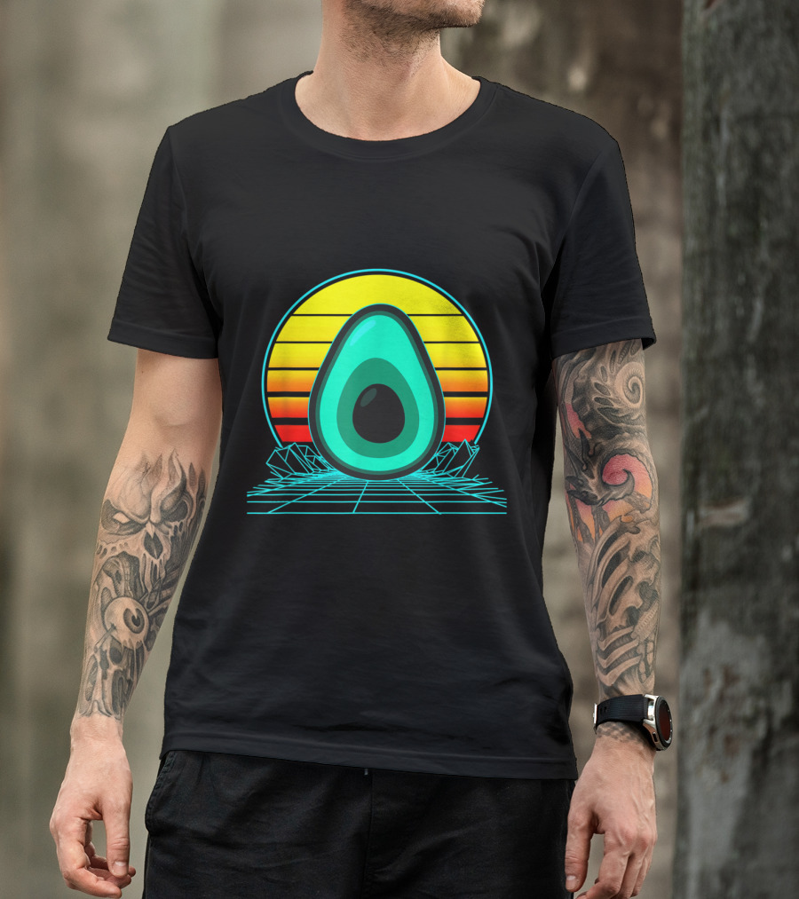Retro Avocado Vaporwave Sunset With Grid And Mountains T-Shirt