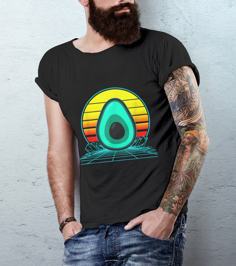 Retro Avocado Vaporwave Sunset With Grid And Mountains T-Shirt