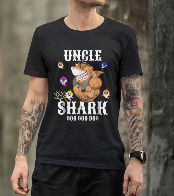 UNCLE SHARK DOO DOO DOO Funny Cartoon Parody With Sunglasses And Baby Sharks T-Shirt