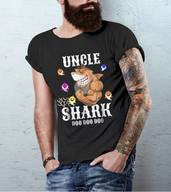 UNCLE SHARK DOO DOO DOO Funny Cartoon Parody With Sunglasses And Baby Sharks T-Shirt