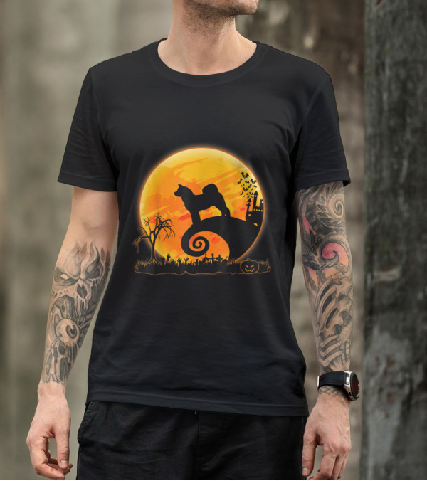 Akita Inu Dog Halloween Full Moon Nightmare Scene T-Shirt