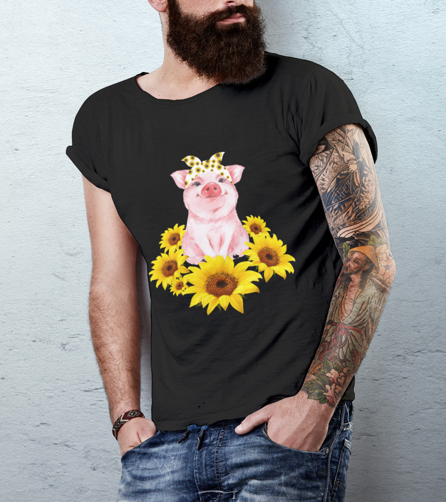 Cute Piggy Sunflower Bandana Tiny Pig Surrounded By Sunflowers T-Shirt