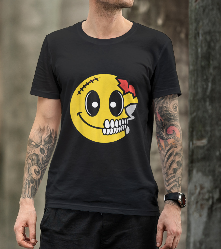Cute Scary Halloween Smiley Skull Costume Emojis Stitched Face Brain T-Shirt