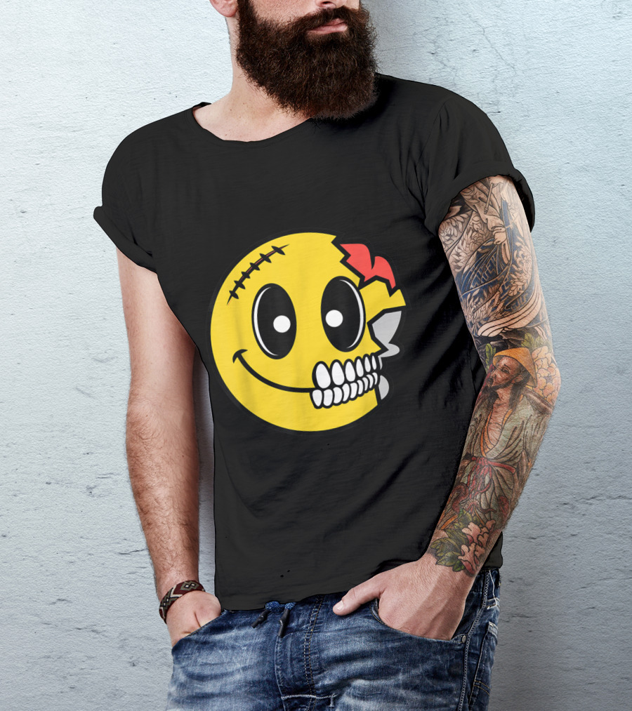 Cute Scary Halloween Smiley Skull Costume Emojis Stitched Face Brain T-Shirt