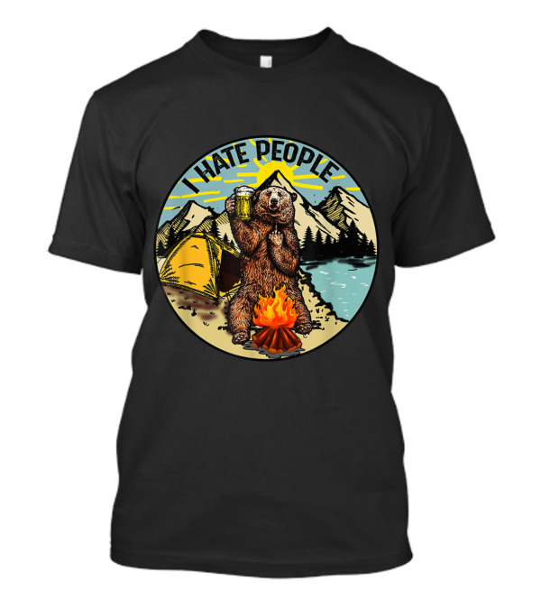 I Hate People Bear Drinking Beer Camping Scene With Mountains And Campfire T-Shirt