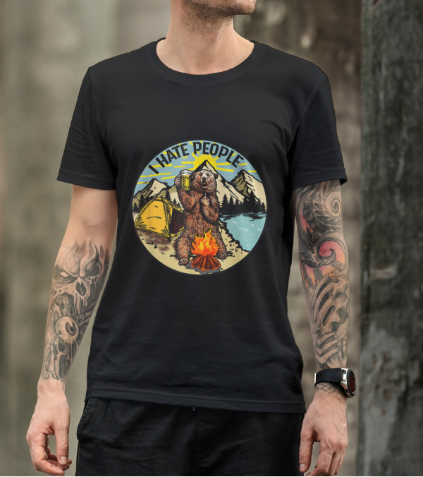 I Hate People Bear Drinking Beer Camping Scene With Mountains And Campfire T-Shirt