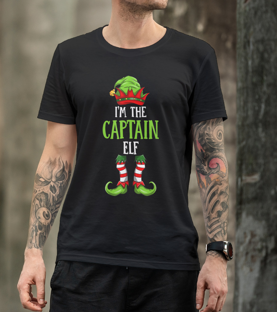 I'm The Captain Elf Christmas Family Elf Green Hat Red Boots T-Shirt