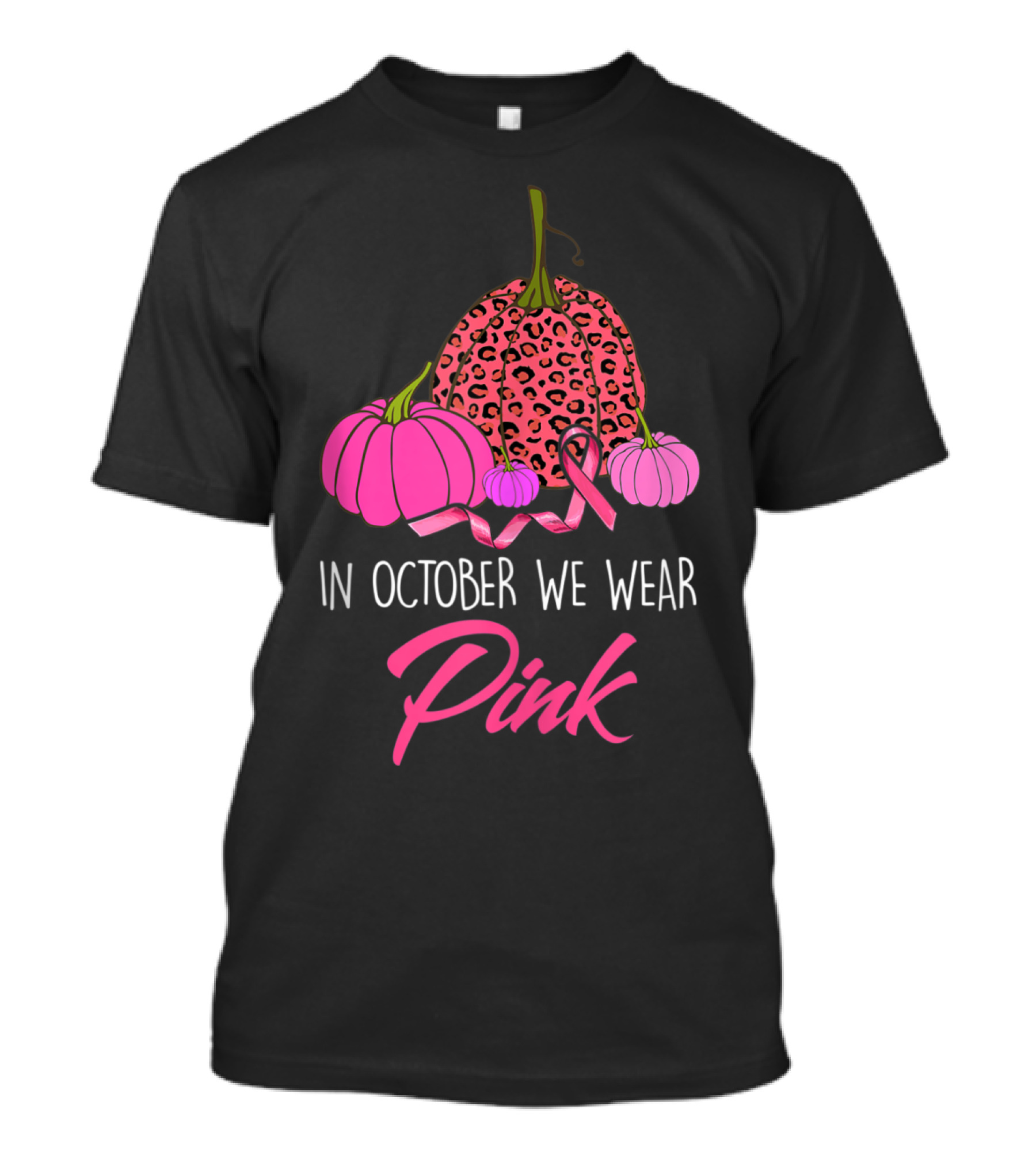 In October We Wear Pink Leopard Pumpkin Breast Cancer Awareness T-Shirt