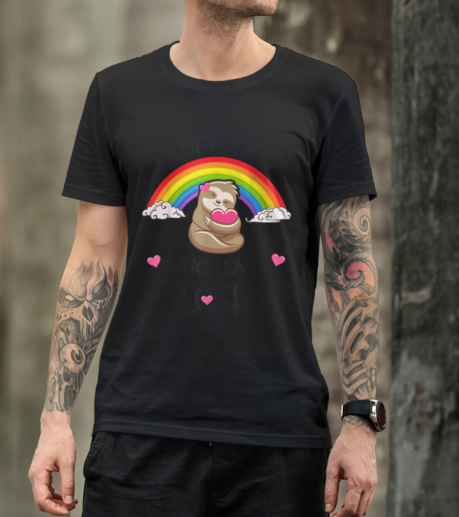 Just A Girl Who Loves Sloths Rainbow Heart Clouds T-Shirt
