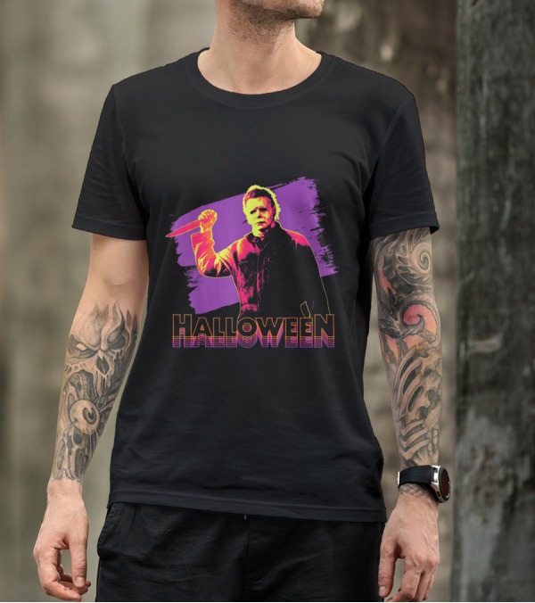 Halloween Michael Myers Neon Knife Retro 80s T-Shirt