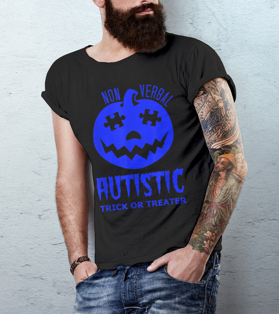 Non Verbal Autistic Halloween Blue Pumpkin Trick Or Treater T-Shirt