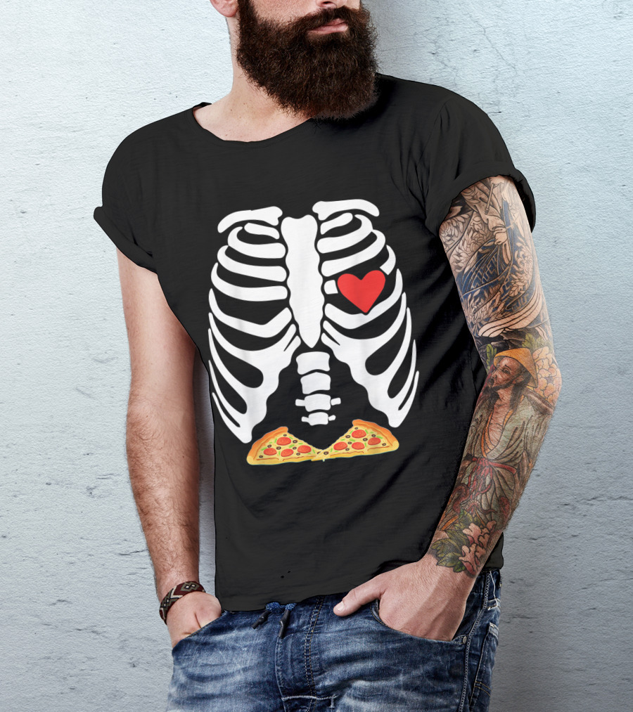 Pizza Pregnancy Skeleton Rib Cage Xray Halloween Heart T-Shirt