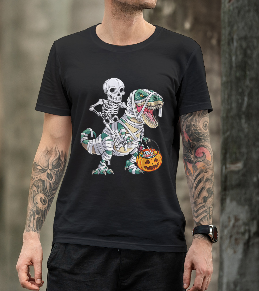 Skeleton On Mummy T-Rex With Pumpkin Basket T-Shirt