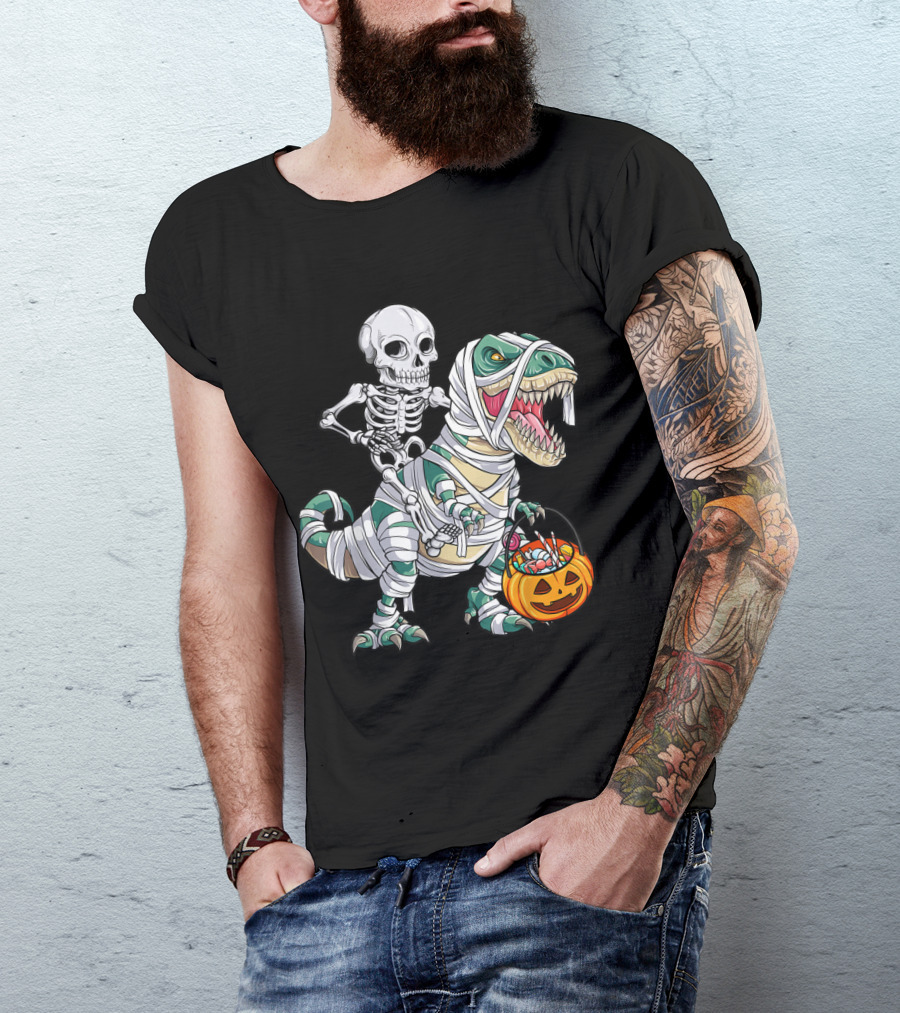 Skeleton On Mummy T-Rex With Pumpkin Basket T-Shirt