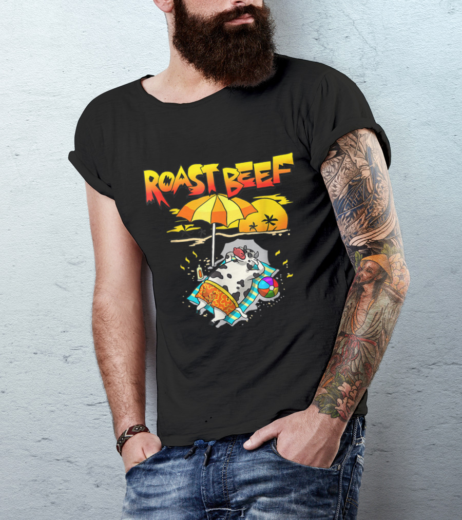 Roast Beef Cow Sun Tanning On Beach Vacation With Umbrella And Beach Ball T-Shirt