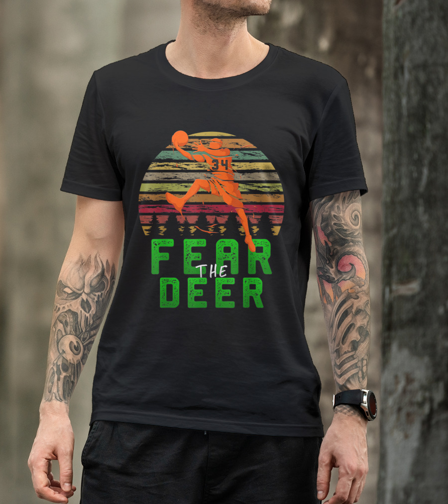 Fear The Deer Basketball 34 Retro Sunset Milwaukee Bucks Fans T-Shirt