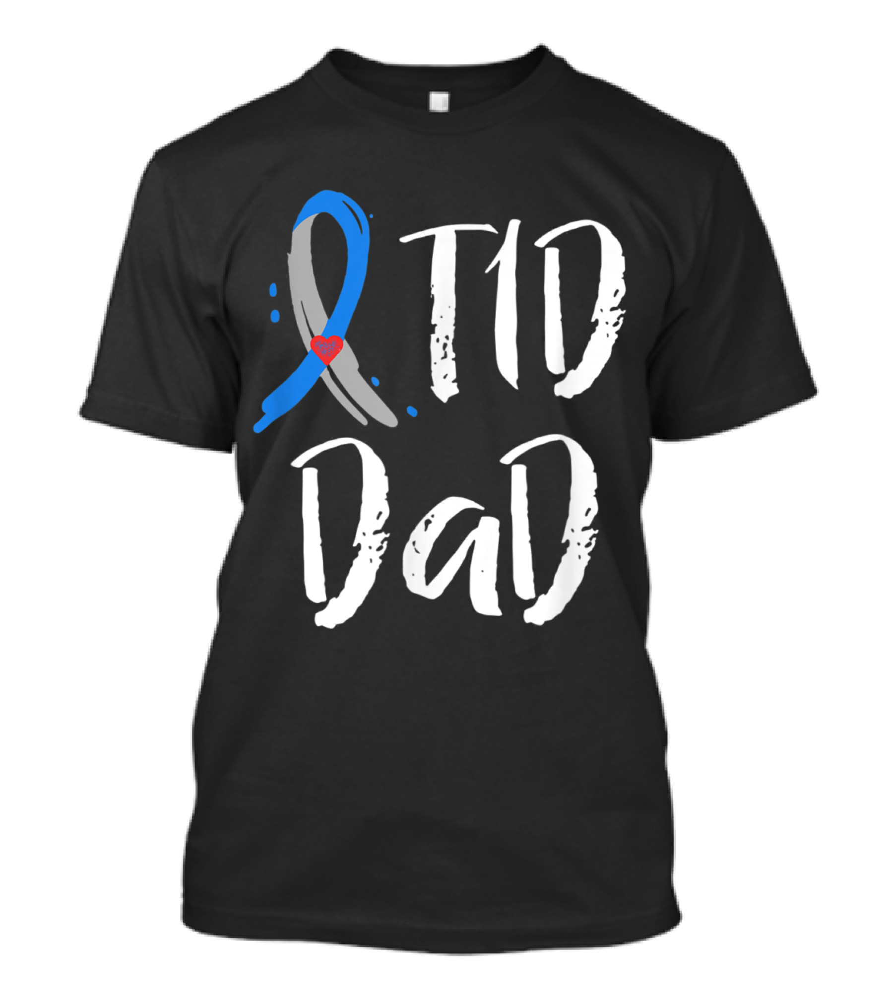 T1D Dad Type 1 Diabetes Awareness Blue Gray Ribbon Heart T-Shirt