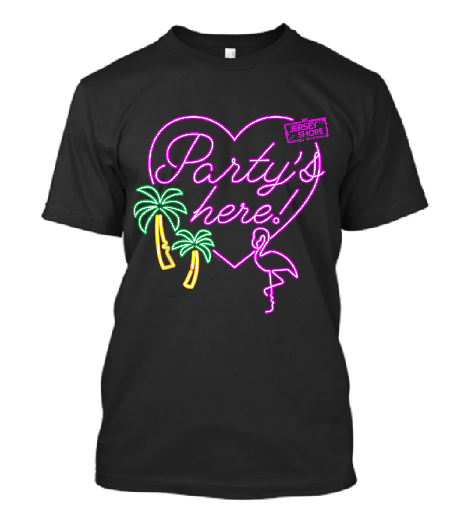 MTV Jersey Shore Party's Here Neon Heart Palm Trees Flamingo T-Shirt