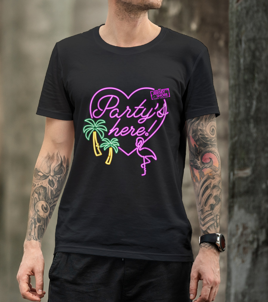 MTV Jersey Shore Party's Here Neon Heart Palm Trees Flamingo T-Shirt