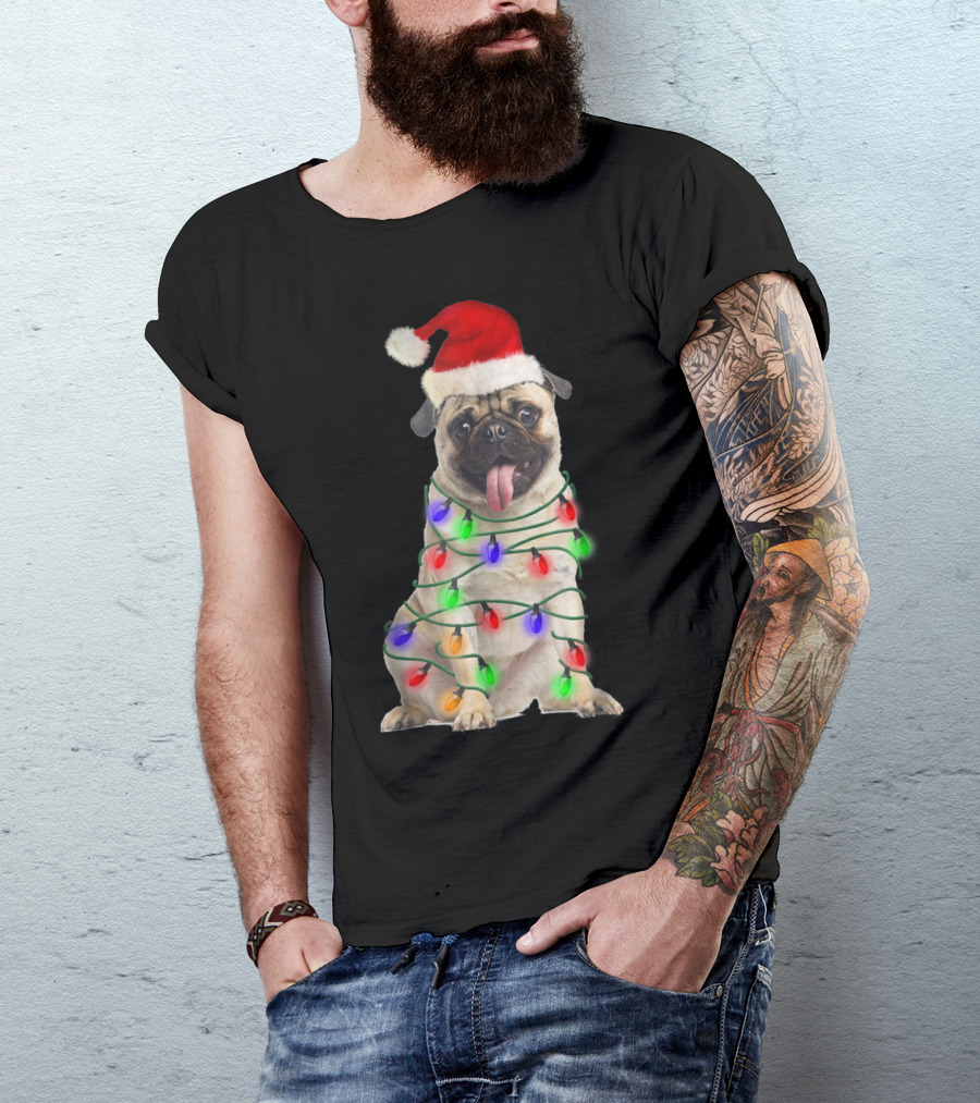 Santa Pug Wrapped In Christmas Lights T-Shirt