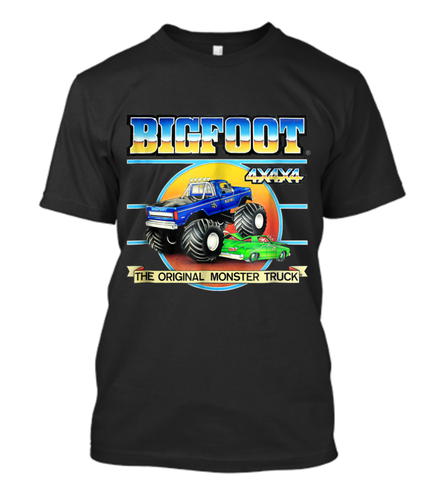 BIGFOOT 4x4x4 The Original Monster Truck Retro Style With Classic Blue Truck And Green Car T-Shirt