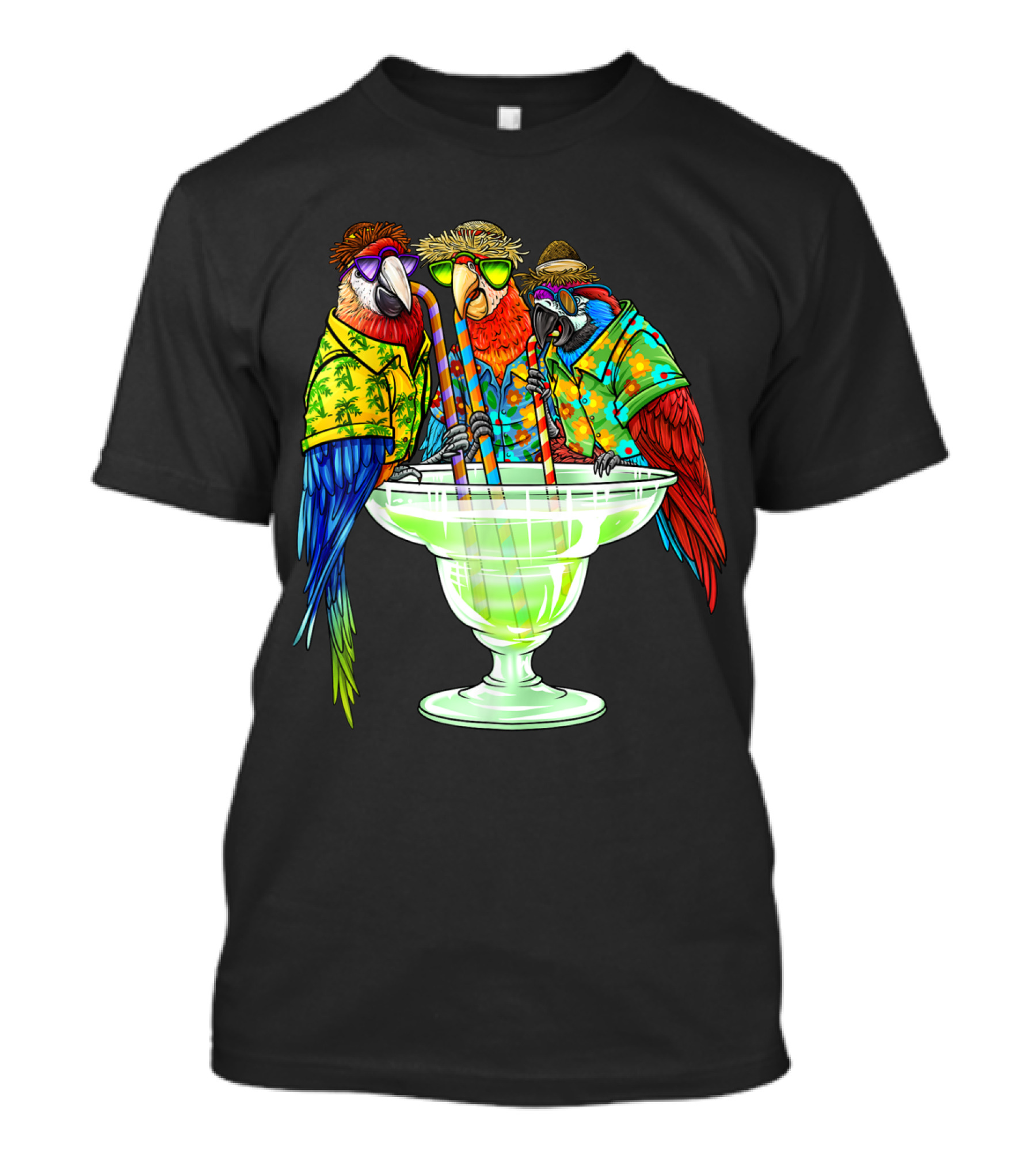 Parrots In Hawaiian Shirts Enjoying Margaritas On Vacation T-Shirt