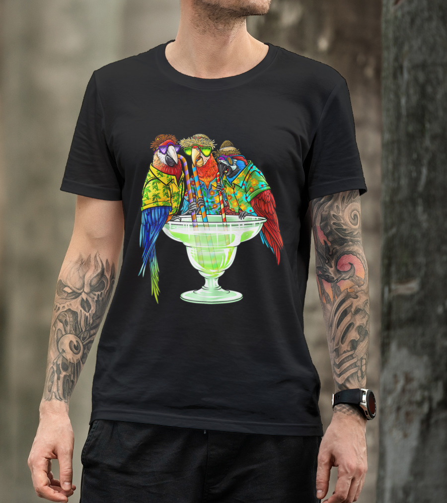 Parrots In Hawaiian Shirts Enjoying Margaritas On Vacation T-Shirt