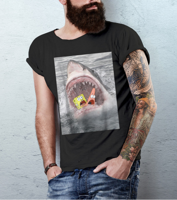 SpongeBob SquarePants Patrick Star Shark Attack Humorous Scene T-Shirt